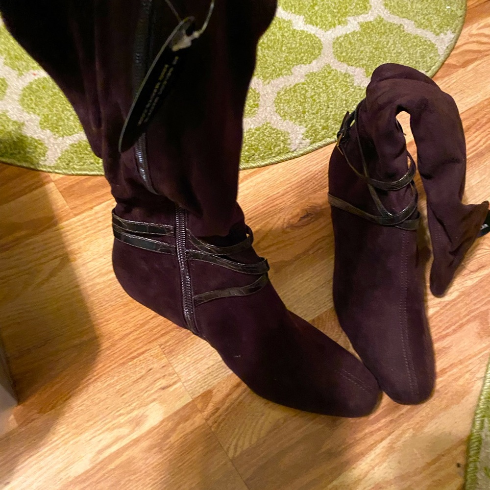 Brown suede like under the knee or too the knee with vegan leather straps